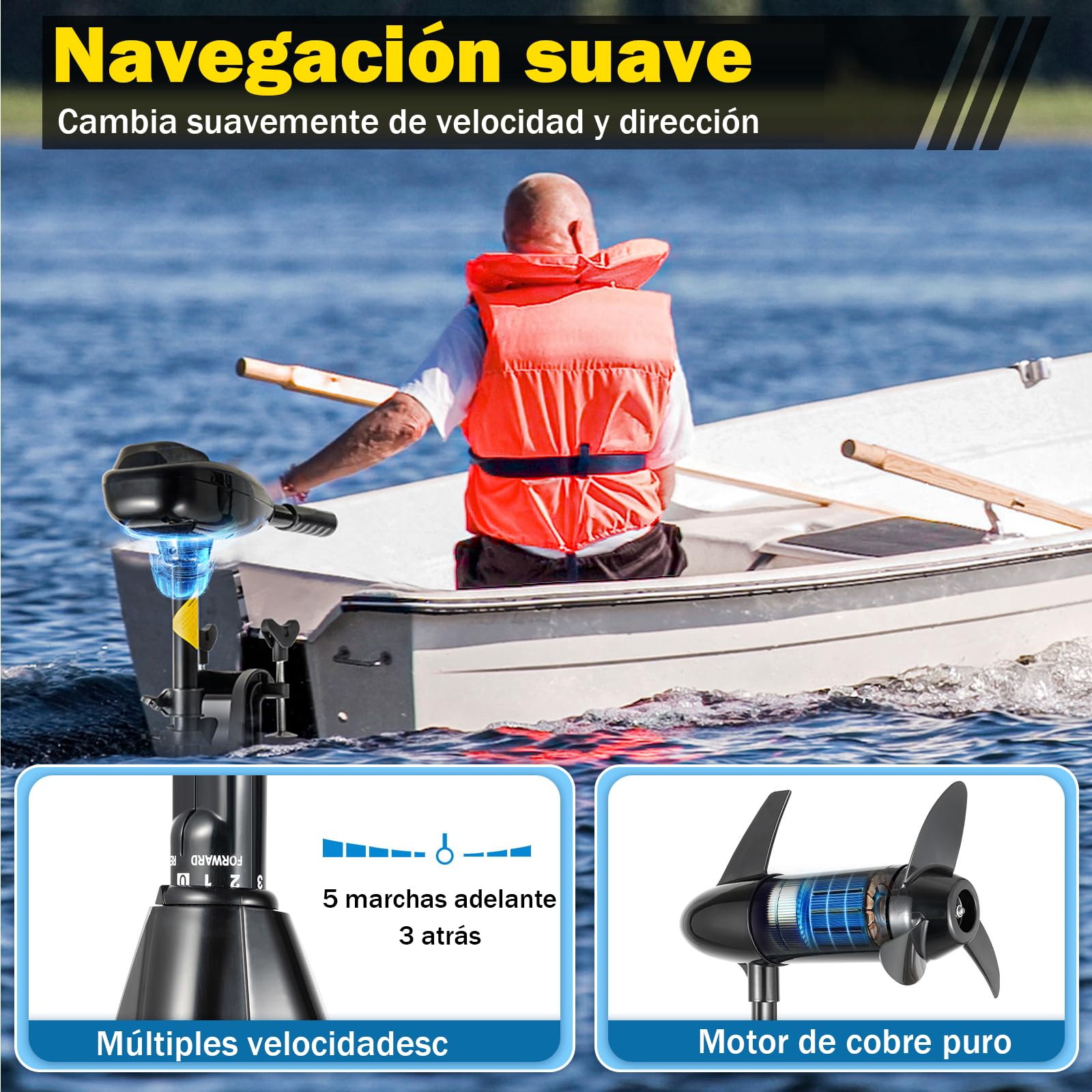 Motor Fueraborda Eléctrico 12V, 80 Libras - 626W Sin Licencia, 8 Marchas, 1850 Fuerza de Tracción, Para Barco (80 LBS Shub 12)