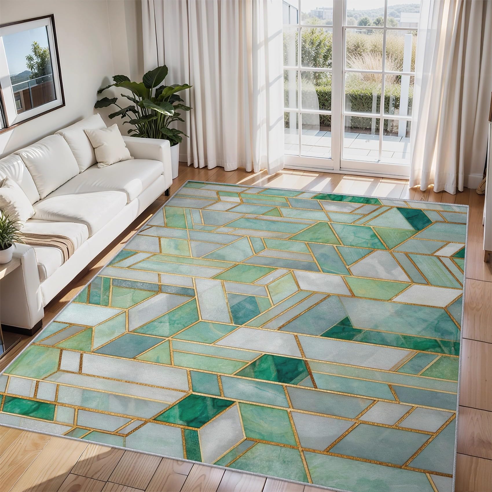 Générique Tapis Geometrie Verte 60x90, Lavable Poils Ras