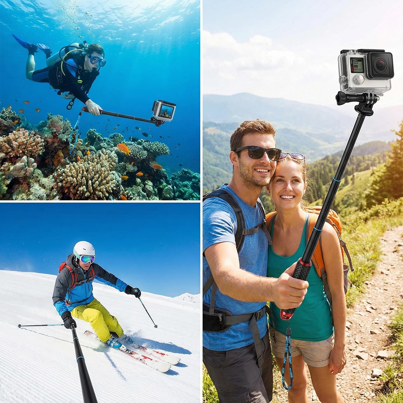 Perche Etanche pour GoPro et Action Cam, télescopique 49 cm, Format Compact 18 cm, Perche à Selfie Etanche sous Marine, Compatible DJI Osmo Action, Insta360 Ace Pro