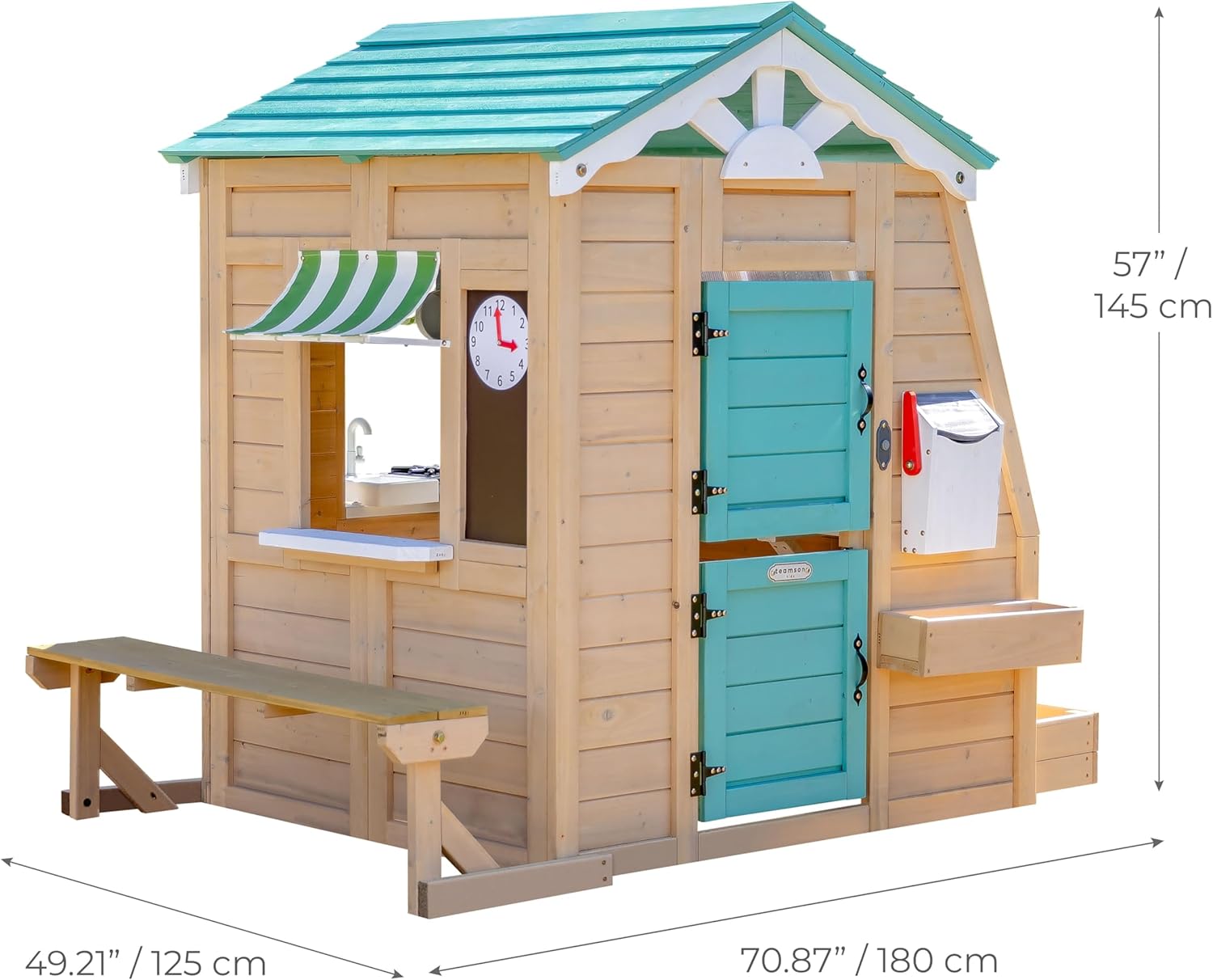Teamson Kids Outdoor Wooden Playhouse, Gardenia Pretend Play House with Kitchen, Mailbox, Bench, Flower Boxes, Doorbell & Doggie Door, Tan & Green
