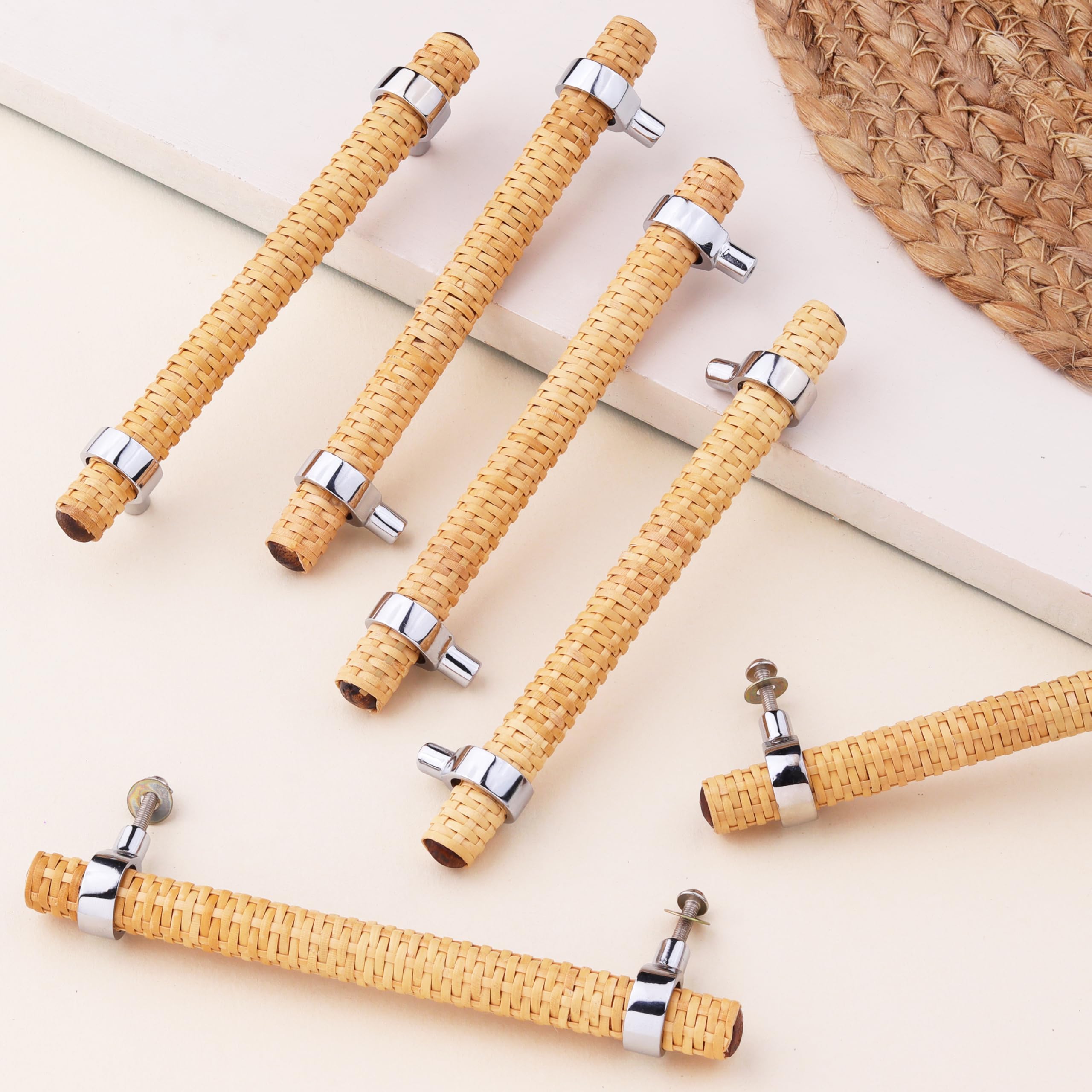 6 Piece Adjustable Drawer Pulls Decorative Rattan Boho Wood Cabinet Pulls Handles Unique Dresser Door Handles Interior Silver Cabinet Hardware- 5" (Style 2)