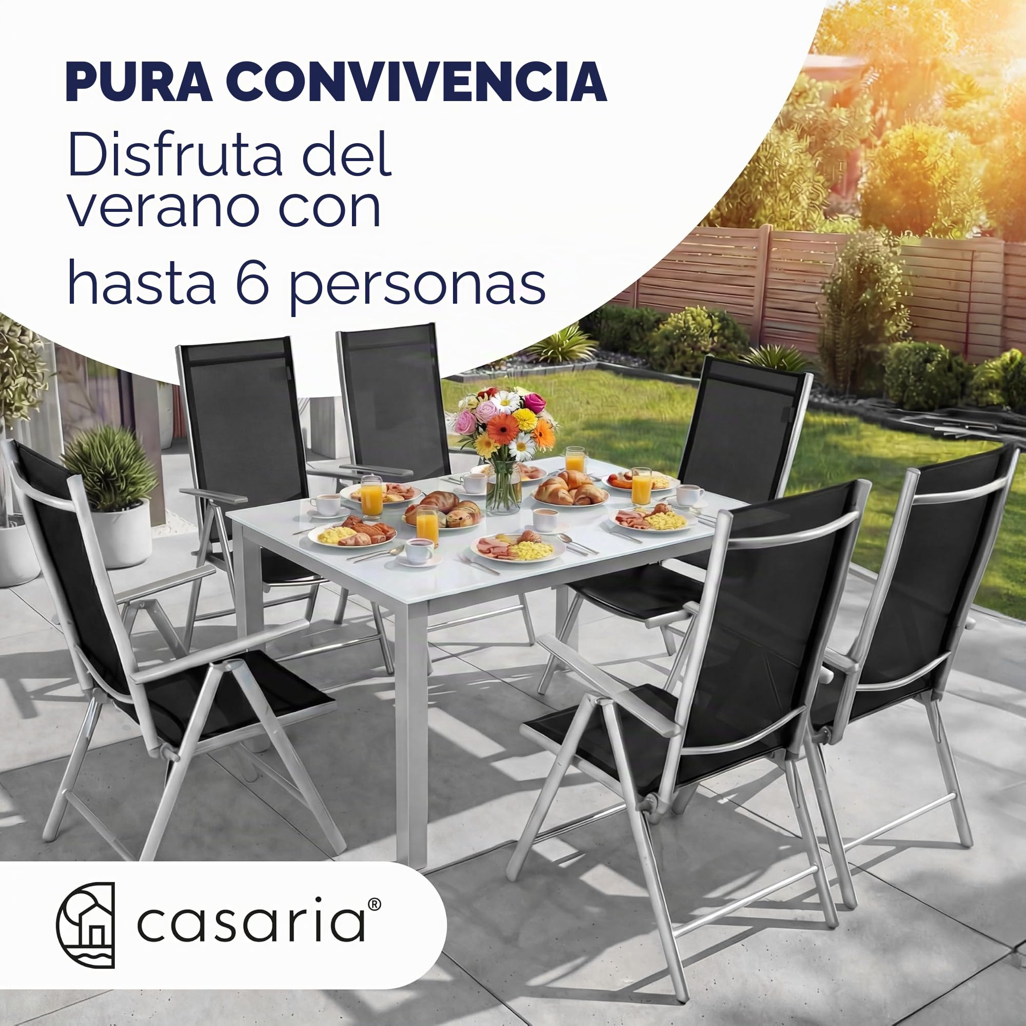 CASARIA Comedor de Jardín Bern 6+1 Aluminio 1 Mesa 150x90 y 6 Sillas Plegables 8 Posiciones Plata 7Pzs