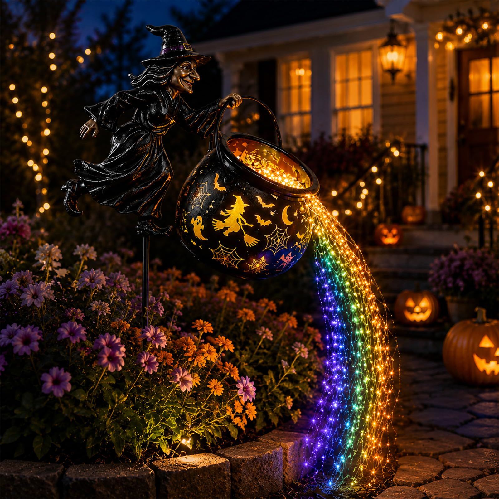 Tremenday Halloween Witch Cauldron Garden Light,Colorful Waterfall LED Flow with Flying Witch Projector for Outdoor Yard Lawn Patio Porch Decorations (1Pcs)