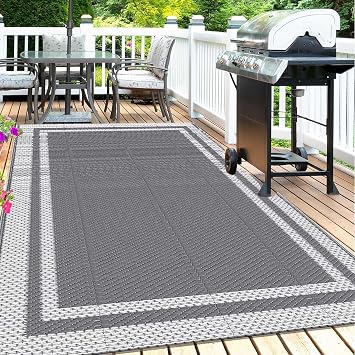 Ash and White Reversible Mat Plastic Straw Outdoor Rug 120x180cm Recycled Can Plug Durable Waterproof Summer Rug Pool Tent Mat Outdoor Rug for Camping, Room Car, Picnic, Backyard, Deck, Porch
