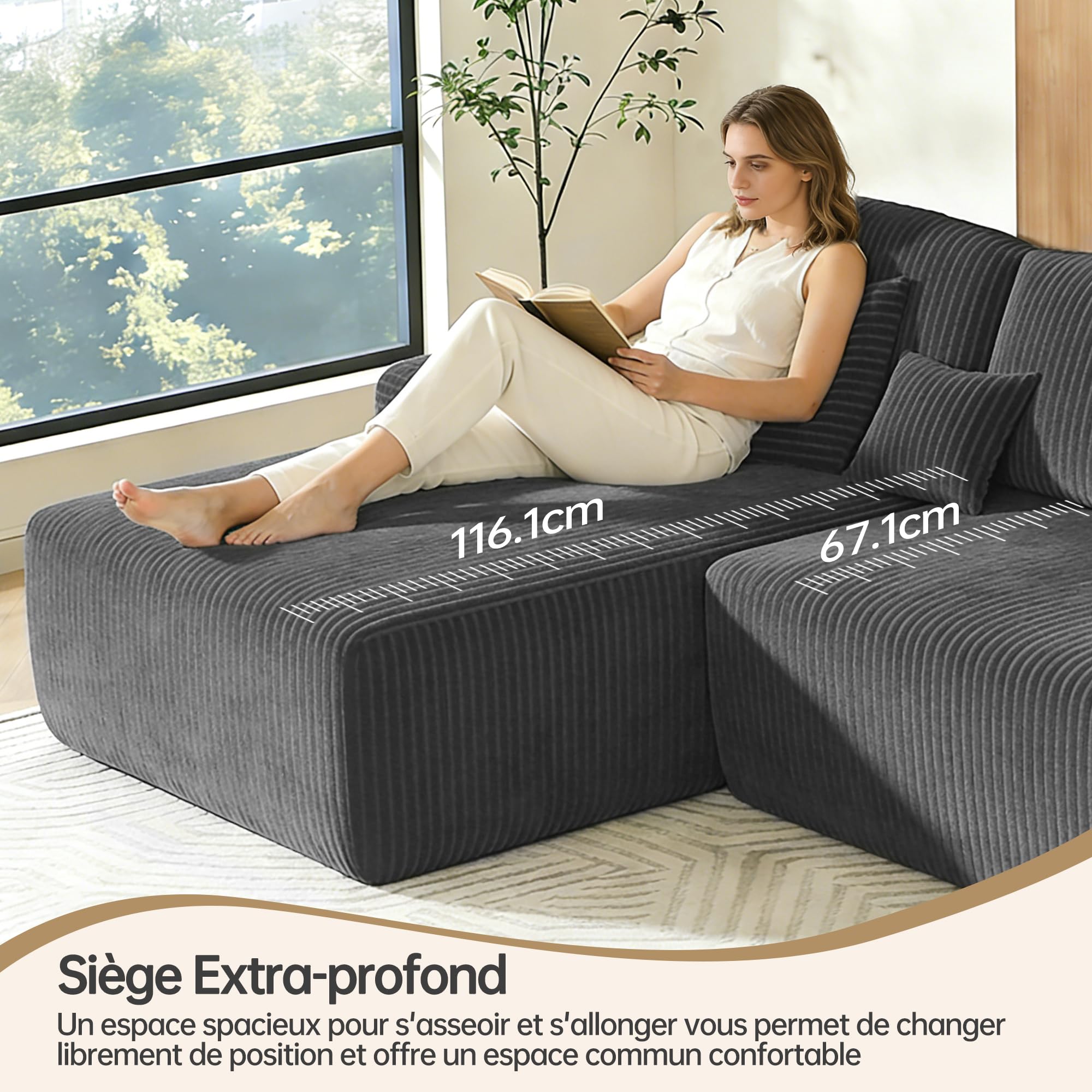 DURASPACE Canapé U 320cm 6pl Velours côtelé Mousse mémoire Gris