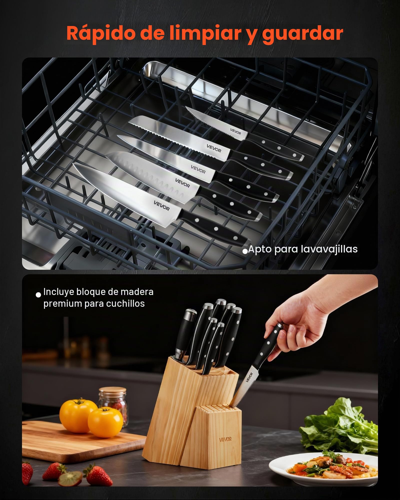 VEVOR Juego de Cuchillos de Acero Inoxidable de Alto Carbono, con Bloque de Madera y Afilador, con Mangos Ergonómicos y Tijeras de Cocina para Cocineros Caseros, 180 x 107 x 330 mm, 15 Piezas