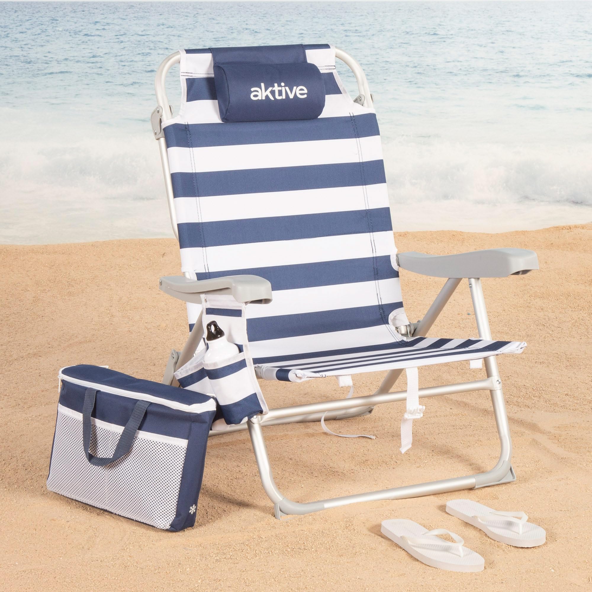 AKTIVE Pack 2 sillas Playa, 48x58x80 cm, 5 Posiciones, Rayas marineras, Peso soportado por Silla 110 kg, Cojín, Bolsillos, Posavasos Laterales, Nevera incorporada, Asas Mochila (85540)