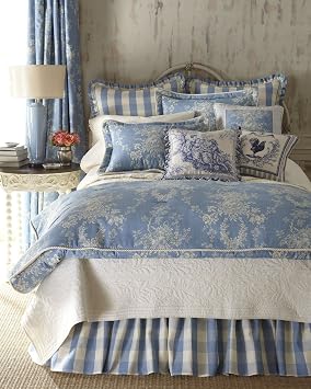 Sherry Kline Country Manor 3 Piece Comforter Set Queen, Chambray Blue Luxury Bedding Set with 100% Cotton Back, Corded Edge Comforter & 2 Flanged Pillow Shams, Traditional Bedroom Decor