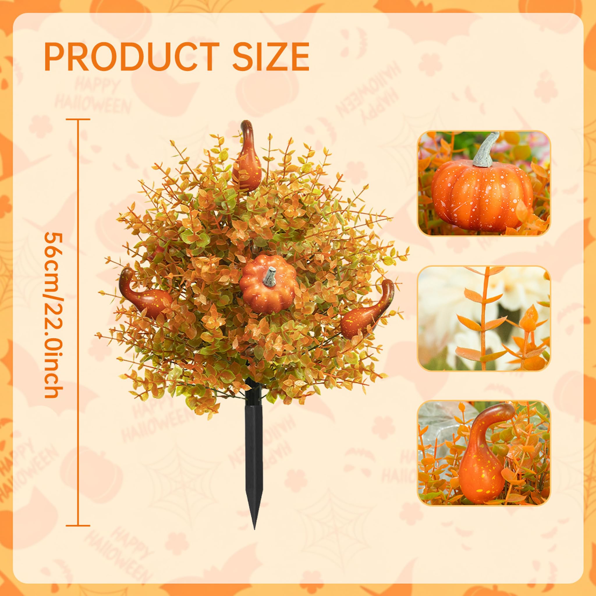 Arbusti artificiali per esterni, 1 pezzo di arte topiaria artificiale per esterni, decorazioni per Halloween all'aperto, picchetto di terra di eucalipto zucca giallo chiaro per giardino autunnale
