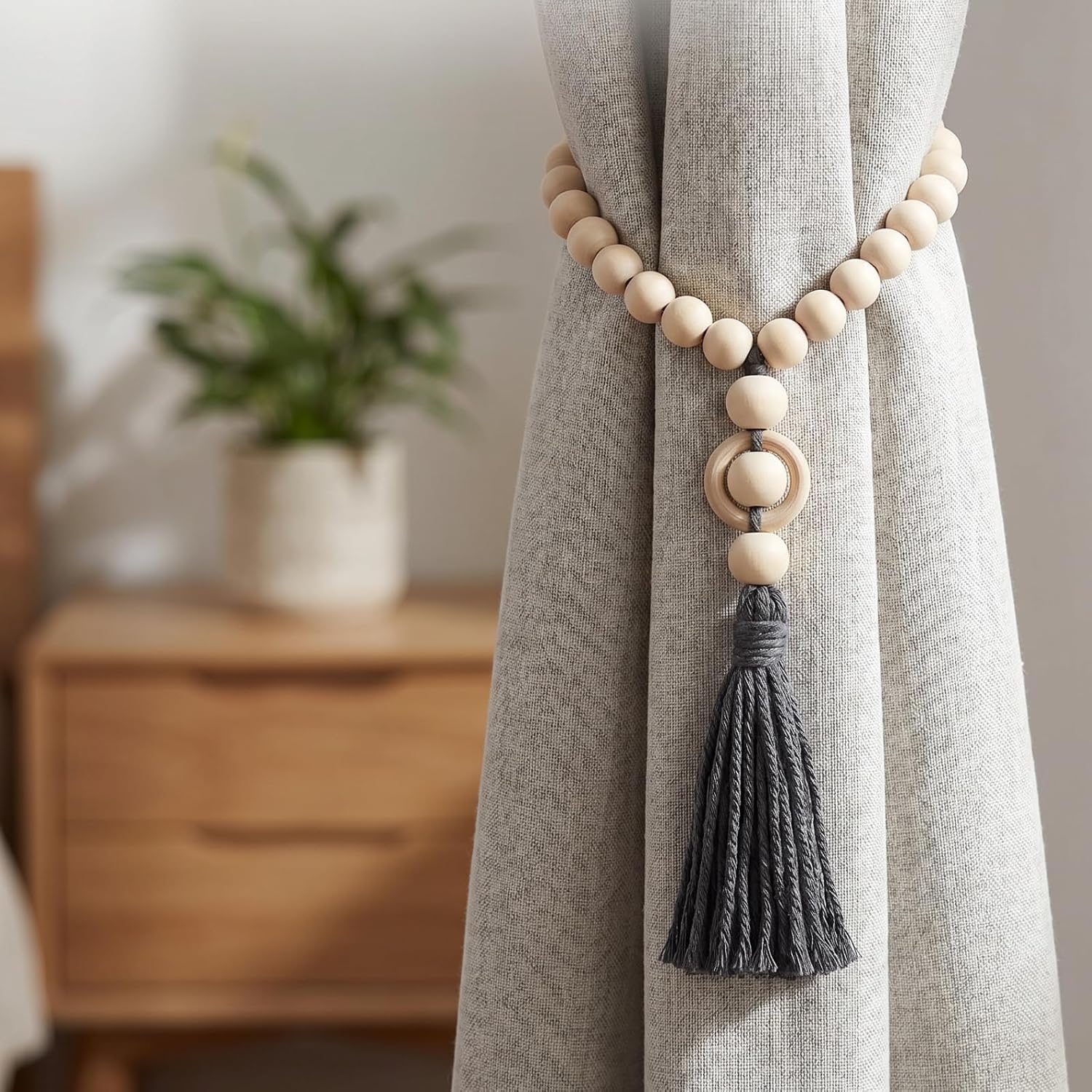 Magnetic Curtain Tiebacks Wood Beads,2Pcs Boho Tie Backs with Gray Tassel