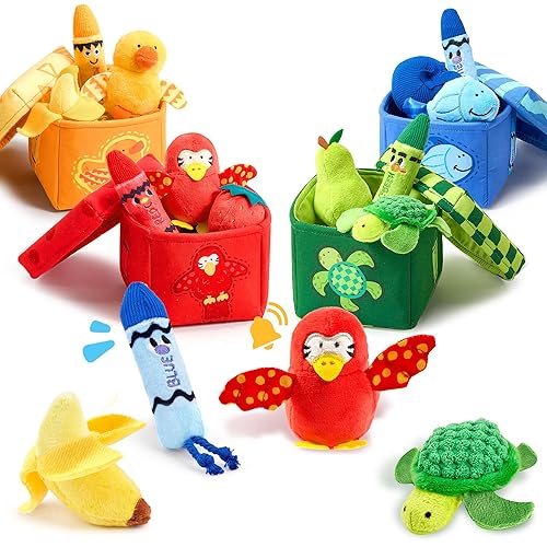 JoyCat Baby Toys 6-12 12-18 Months, Montessori Sensory Toys for 1 Year Old, 12 PCS Pushies with 4 Color Sorting Boxes, Animals Fruit Crinkle Crayon - Whats Inside Boy Girl