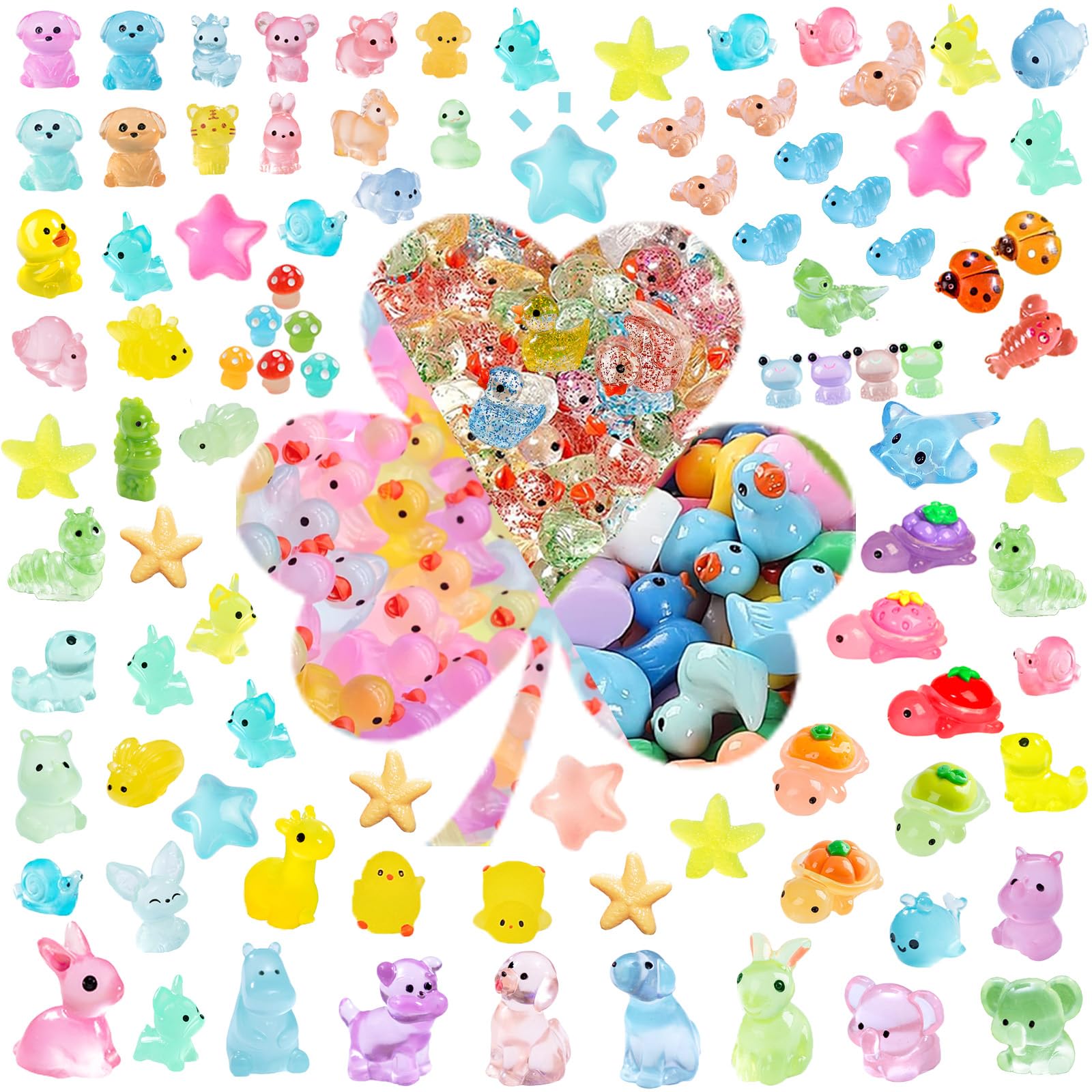 Blynmyr 207pcs Resin Animals Mixed, 60 Styles Tiny Luminous Glass Animals