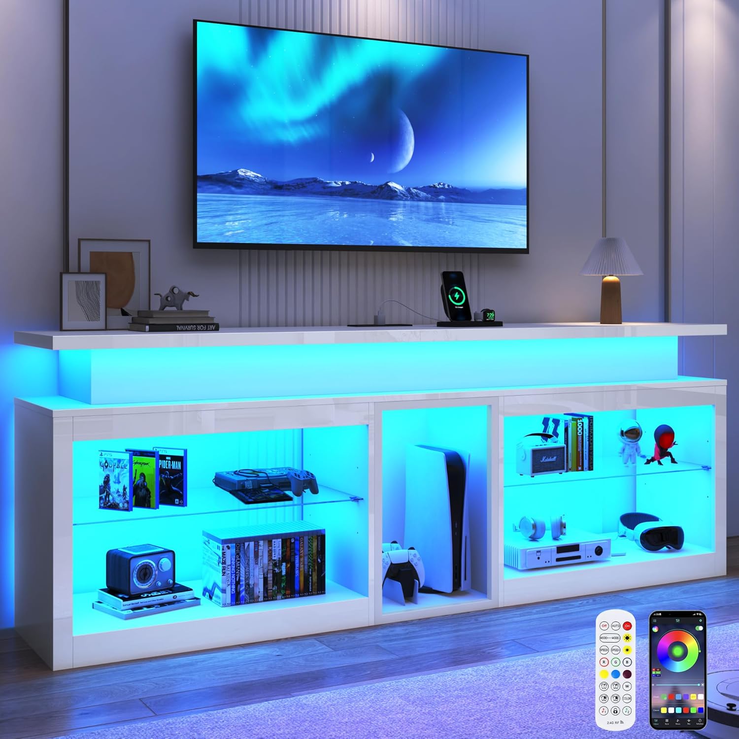 71" LED TV Stand with Power Outlet,60-Colors LED Lights For 65 70 80 in TV,High Gloss Gaming Entertainment Center w/Adjustable Shelves,White TV Console with Modern Design for Living Room Bedroom