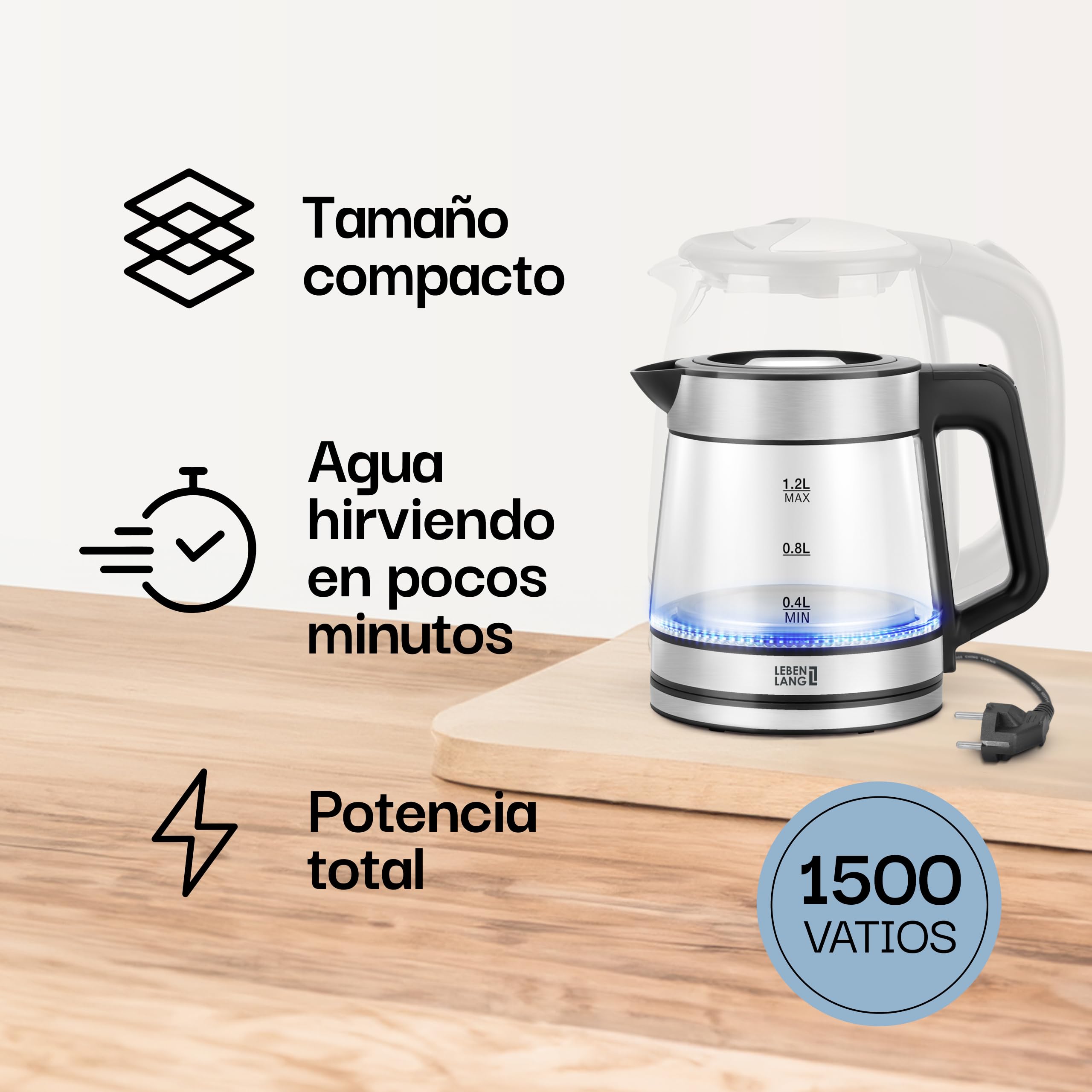 LEBENLANG Hervidor de agua de vidrio compacto – 1,2 litros con iluminación LED I Diseño de acero inoxidable sin BPA 1 L / 1,2 L I Hervidor de viaje pequeño para camping Hervidor de vidrio