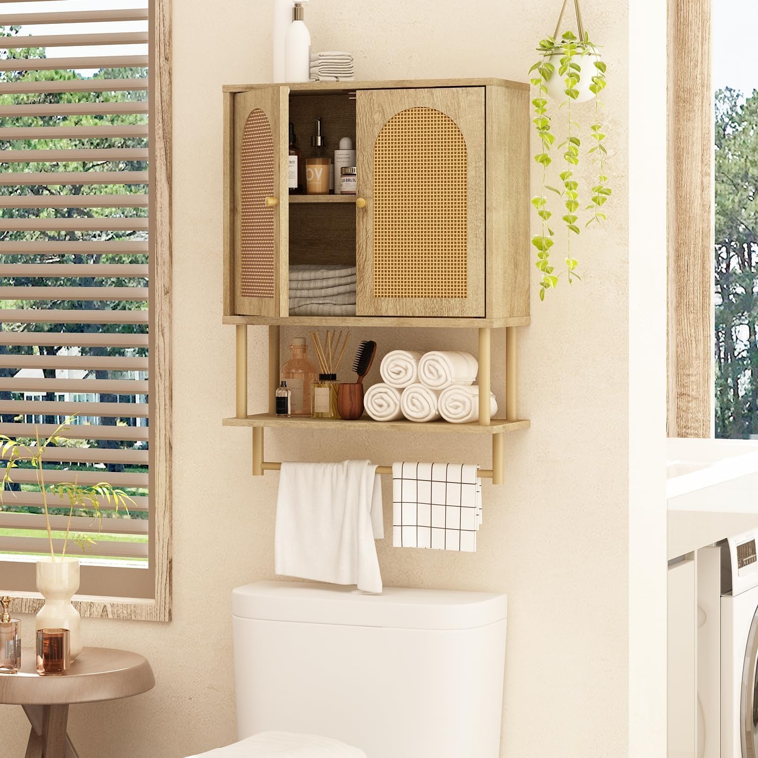 RUSTOWN Rattan Bathroom Wall Cabinet, Modern Boho Medicine Cabinet with Two Arched Rattan Doors, Over The Toilet Storage Cabinet with Adjustable Shelf and Towel Bar for Bathroom (Natural,Medium)