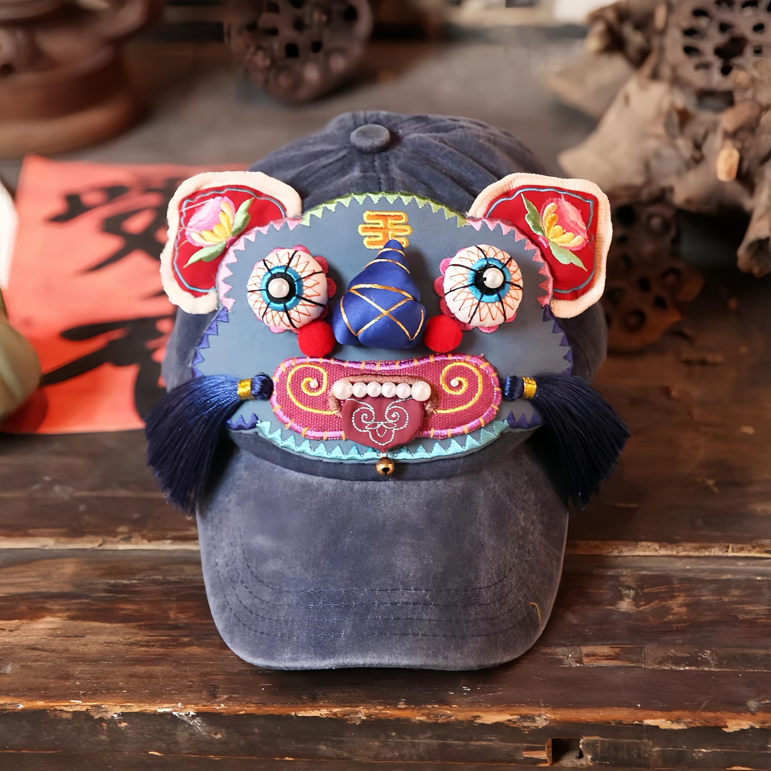 Traditionelle chinesische Tigerkopf-Baseballkappe, Vintage-Baumwolle, verstellbarer Hut, ethnischer Stil, Neuheit Hut für Damen und Herren