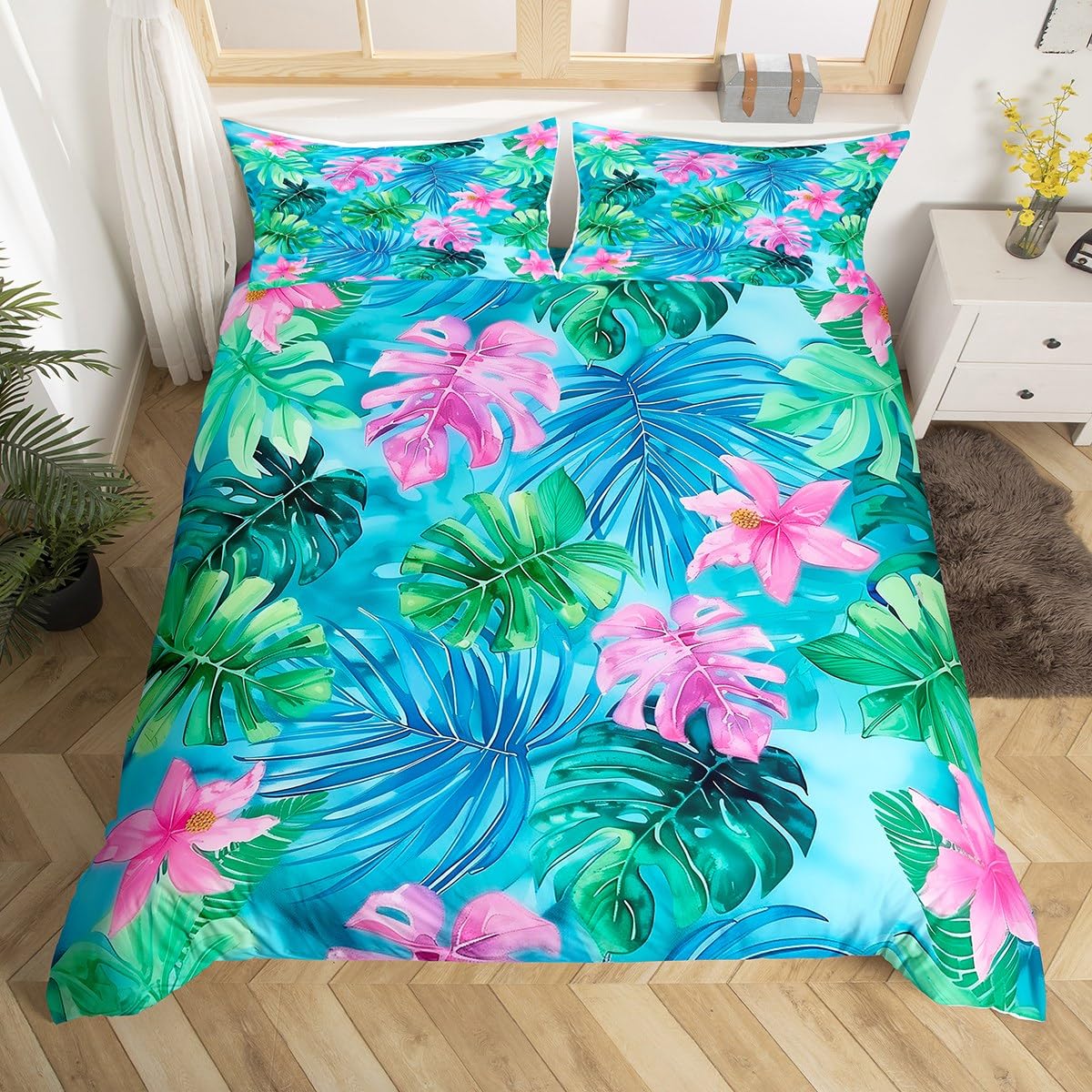 Castle Fairy Tropical Summer Duvet Cover Twin Size for Kids Boys Girls Teens,Palm Leaves Green and Pink 2 Pieces Duvet Cover,Watercolor Flowers Hawaii Themed Soft Comforter Cover (Not Comforter)