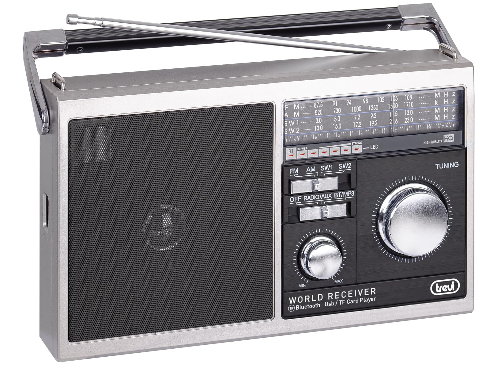 Trevi MB 749 W Radio portátil FM/AM/SW1/SW2, Gris | Audio Wireless v5.0, Reproductor MP3 de USB