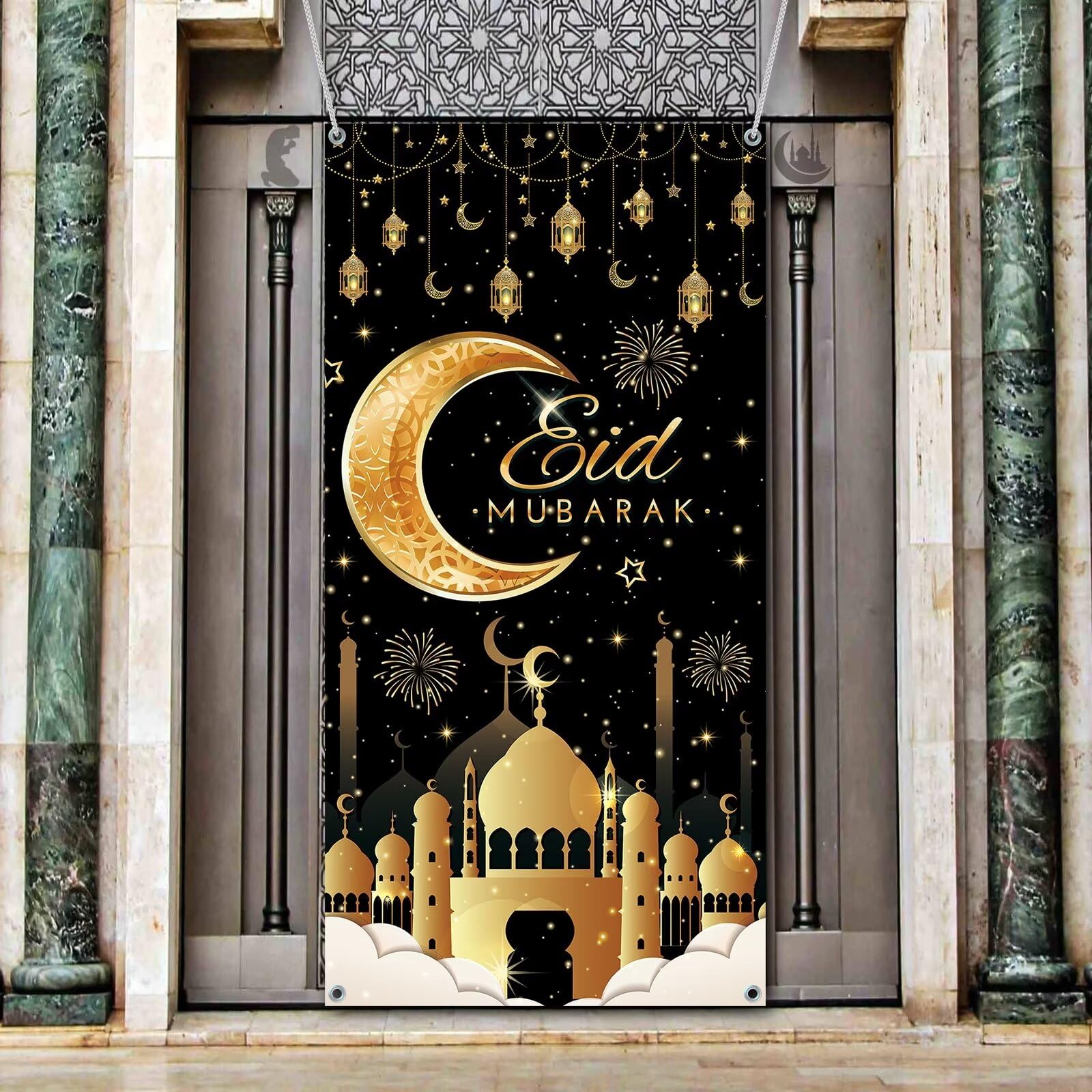 Eid Mubarak Door Banner, Black and Gold Ramadan Mubarak Door Cover Ramadan Decorations for Home, Large Eid Mubarak Ramadan Backdrop with Moon Castles Sign for Muslim Indoor Outdoor Decor Party Supply