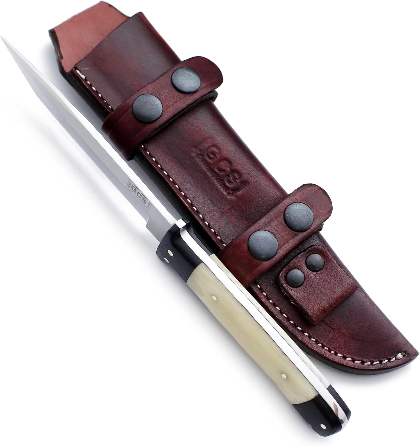 GCS Handmade Bone Handle D2 Tool Steel Tactical knife for Hunting Camping and Bushcraft with leather sheath & Full tang blade designed for Hunting & EDC GCS 15
