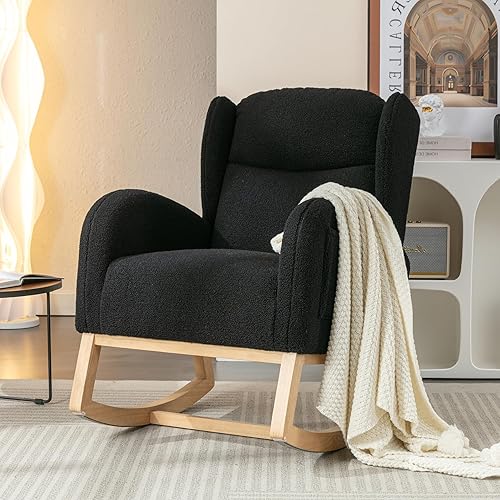 Miniatura 4 de Mecedora de peluche para guardería, silla mecedora tapizada con bolsillo, silla moderna con respaldo de ala, cómoda silla de lectura con patas de