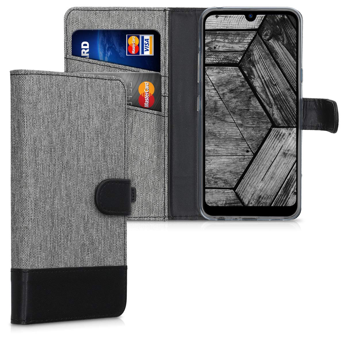 kwmobile Wallet Case for LG Q60 - Fabric and PU Leather Flip Cover with Card Slots and Stand - Grey/Black