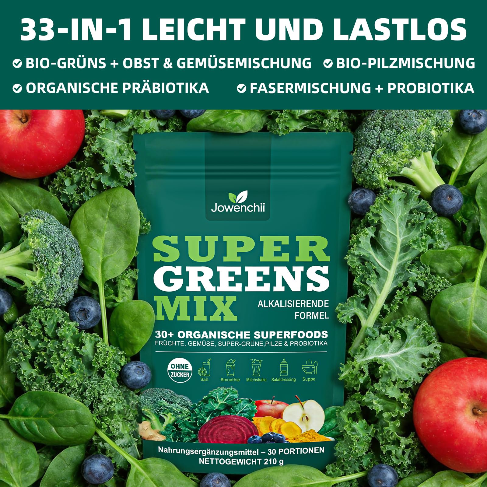 Grüne Entgiftungspulver, Grünes Superfood Pulver Helfer– 33 Zutaten mit Spirulina, Chlorella, Pflanzenstoffen – Greens Pulver mit Ballaststoffen, Enzymen & Probiotika – Vegan, ohne Zuckerzusatz