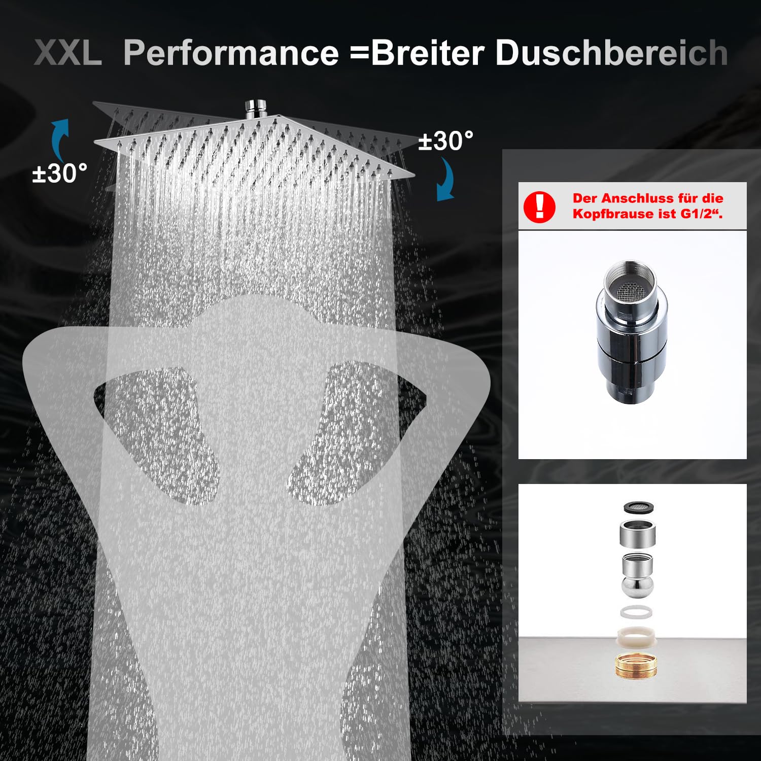 JOHO 304Edelstahl Duschkopf Regendusche 40cm Kopfbrause mit Anti-Kalk-Düsen, groß 16 Zoll Wasserfall Einbauduschkopf Eckig 40x40cm Chrom
