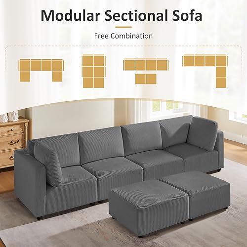 Miniatura 5 de Sofá modular modular con otomanas, sofá modular de pana en forma de U de 123.6 pulgadas con diván, sofá cama modular convertible de 6 plazas, sofá