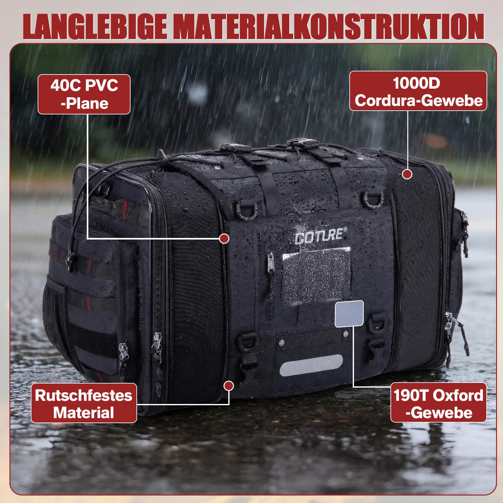 Goture Motorrad Hecktasche 50-70L Erweiterbar Wasserdicht 1000D Cordura | Formstabile Motorradtasche mit rutschfestem Boden für Touring, Reise & Camping - robust, langlebig & einfach zu montieren