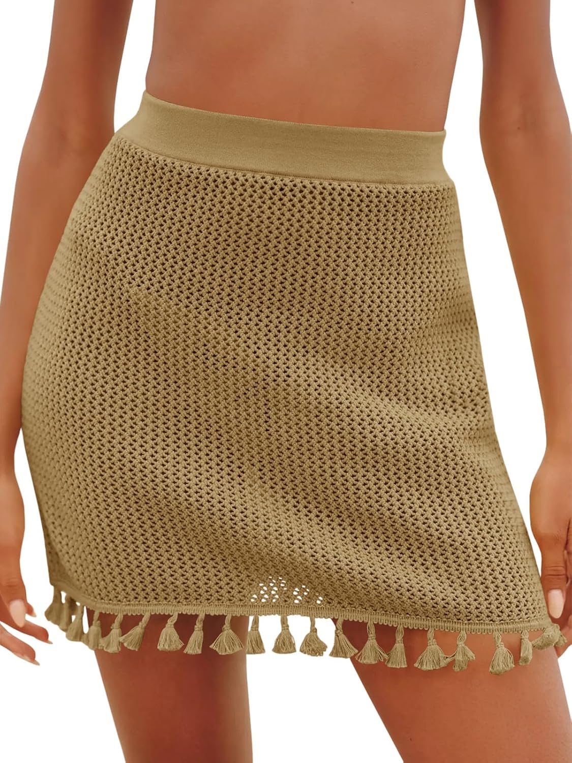 Fisoew Women's Crochet Swimsuit Cover Up Tassel Knit Hollow Out Bathing Suit Bikini Vacation Beach Summer Mini Skirts