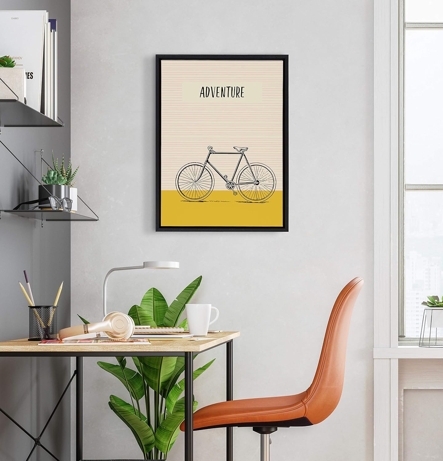 Yellow Adventure Bike Print on Canvas with Black Frame
