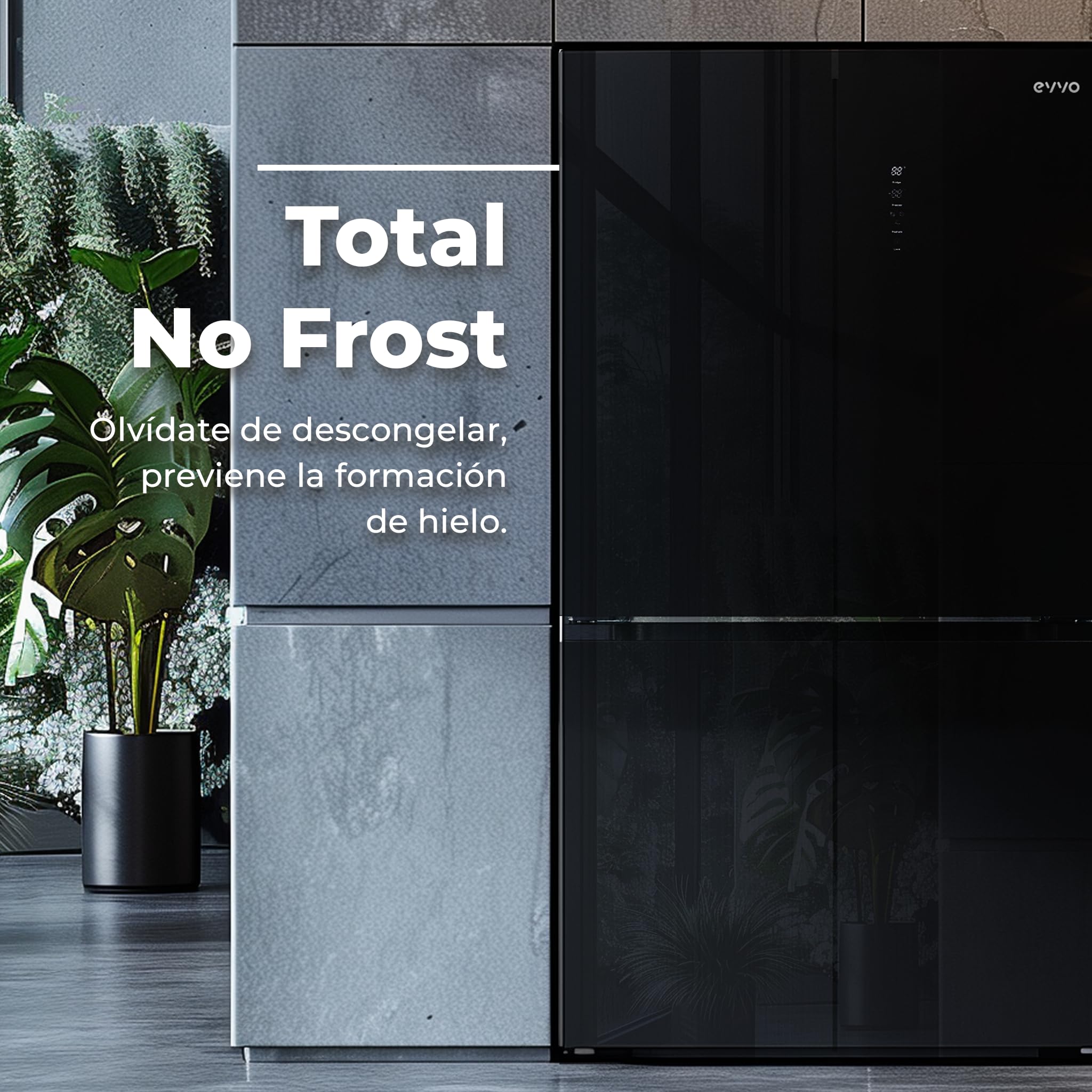 EVVO Frigorífico Americano 4 Puertas, Total No Frost, Compresor Inverter, Capacidad frigorífico 359L y 201L Nevera, Dispensador de Agua, Display Integrado, Modelo: F100 Glass Aqua (Acabado Negro)