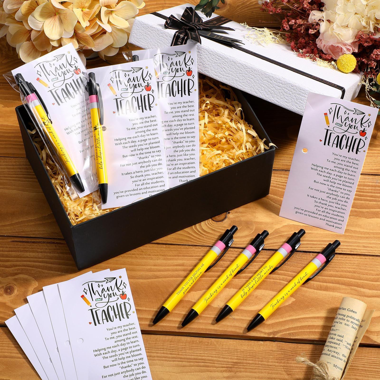 Sayglossy 30 Sets Lehrer-Wertschätzungsgeschenke, Dankes-Kugelschreiber, 3 Stile, inspirierende Wertschätzungsstifte, Geschenkkarten mit Taschen, Krawatten, Lehrergeschenke für Geburtstag, Lehrertag