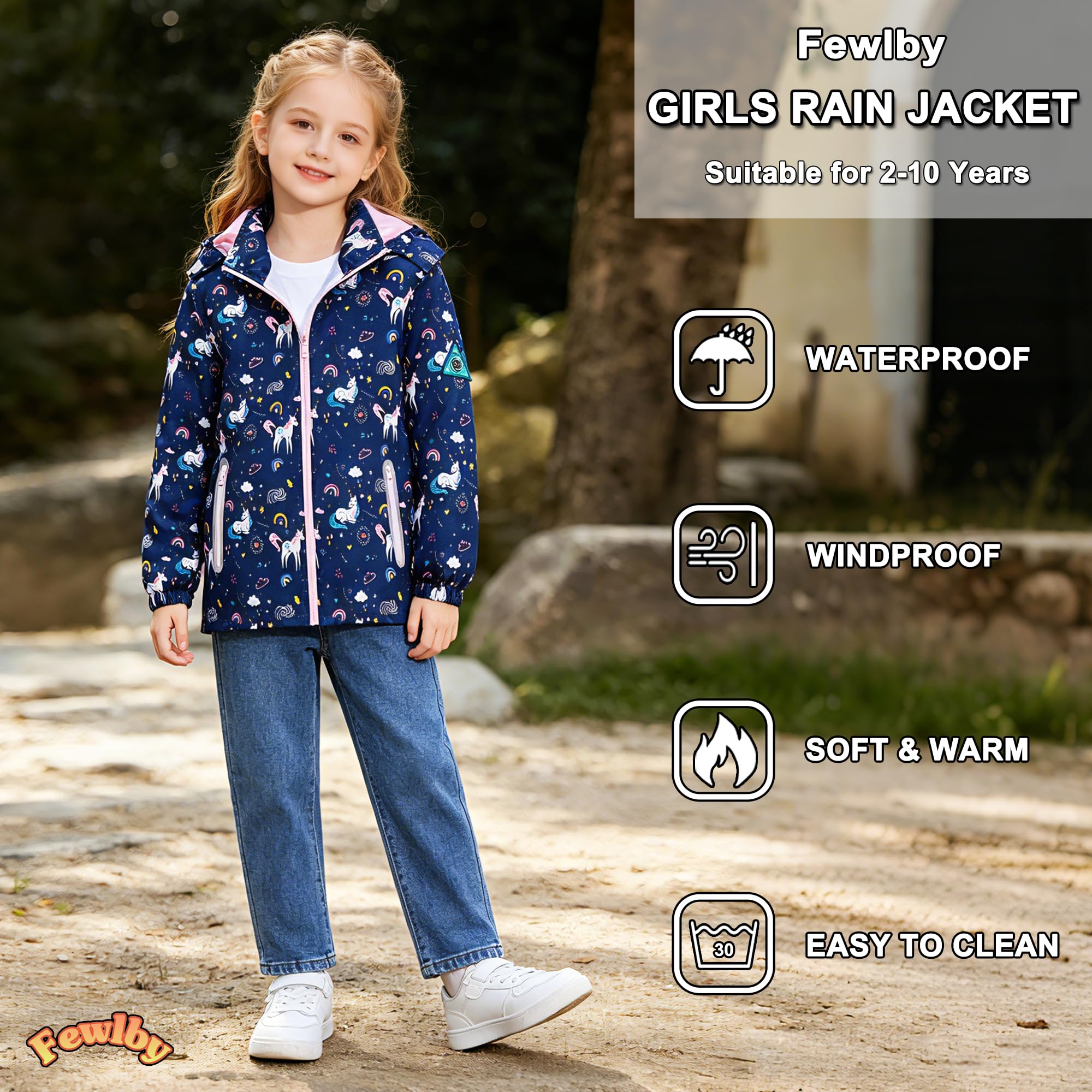 Fewlby Niñas Chaqueta Impermeable, Abrigo de Lluvia Chubasquero Infantil Poncho con Capucha Cortavientos Ligera Abrigo Prueba de Viento Primavera Otoño Abrigos Deportivos 2-10 Años
