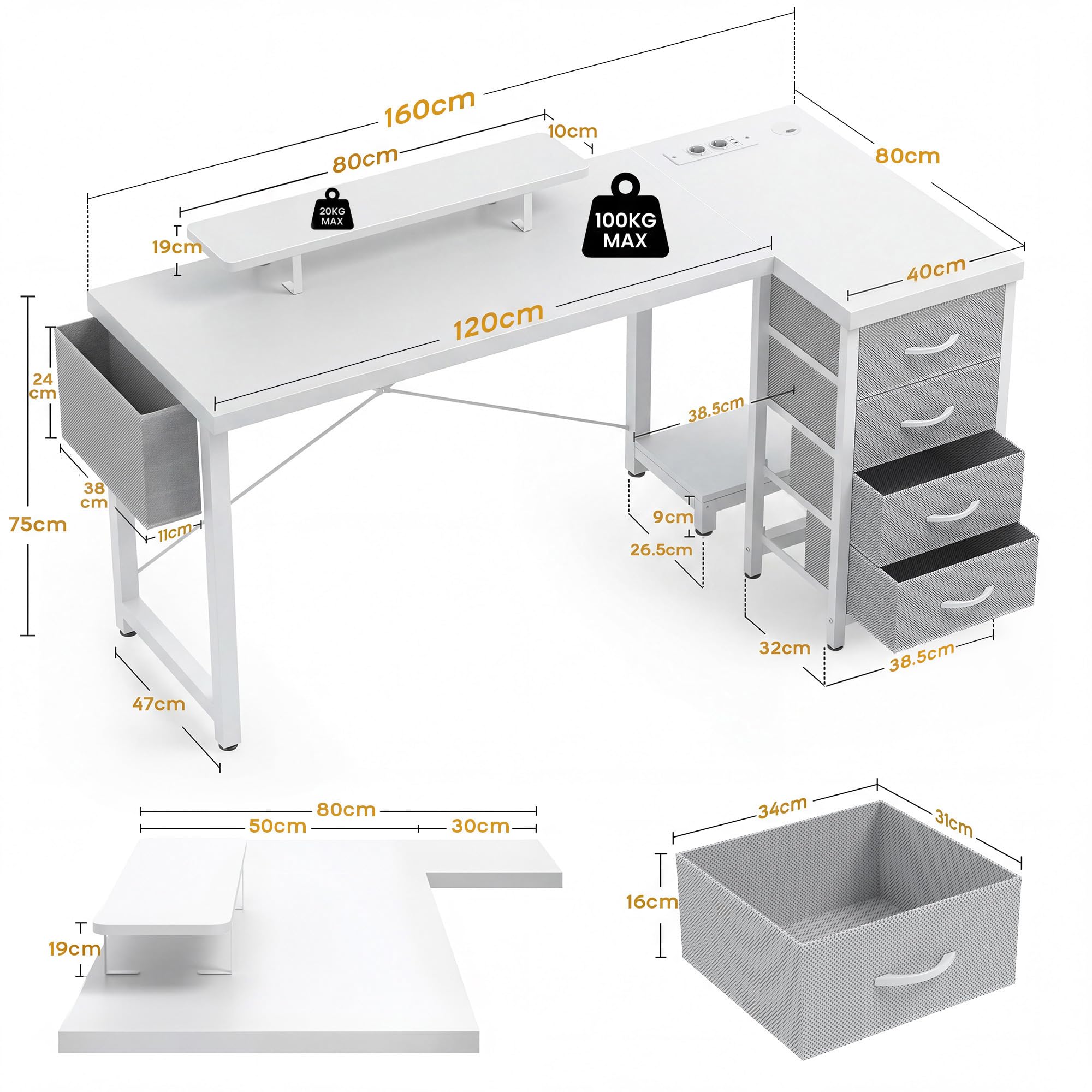 Claiks Schreibtisch L Form mit 4 Stoff Schubladen, 160x80 cm Eckschreibtisch mit USB-Ladeanschluss und Steckdose, L förmiger Schreibtisch mit Monitorablage für Büro, Weiß