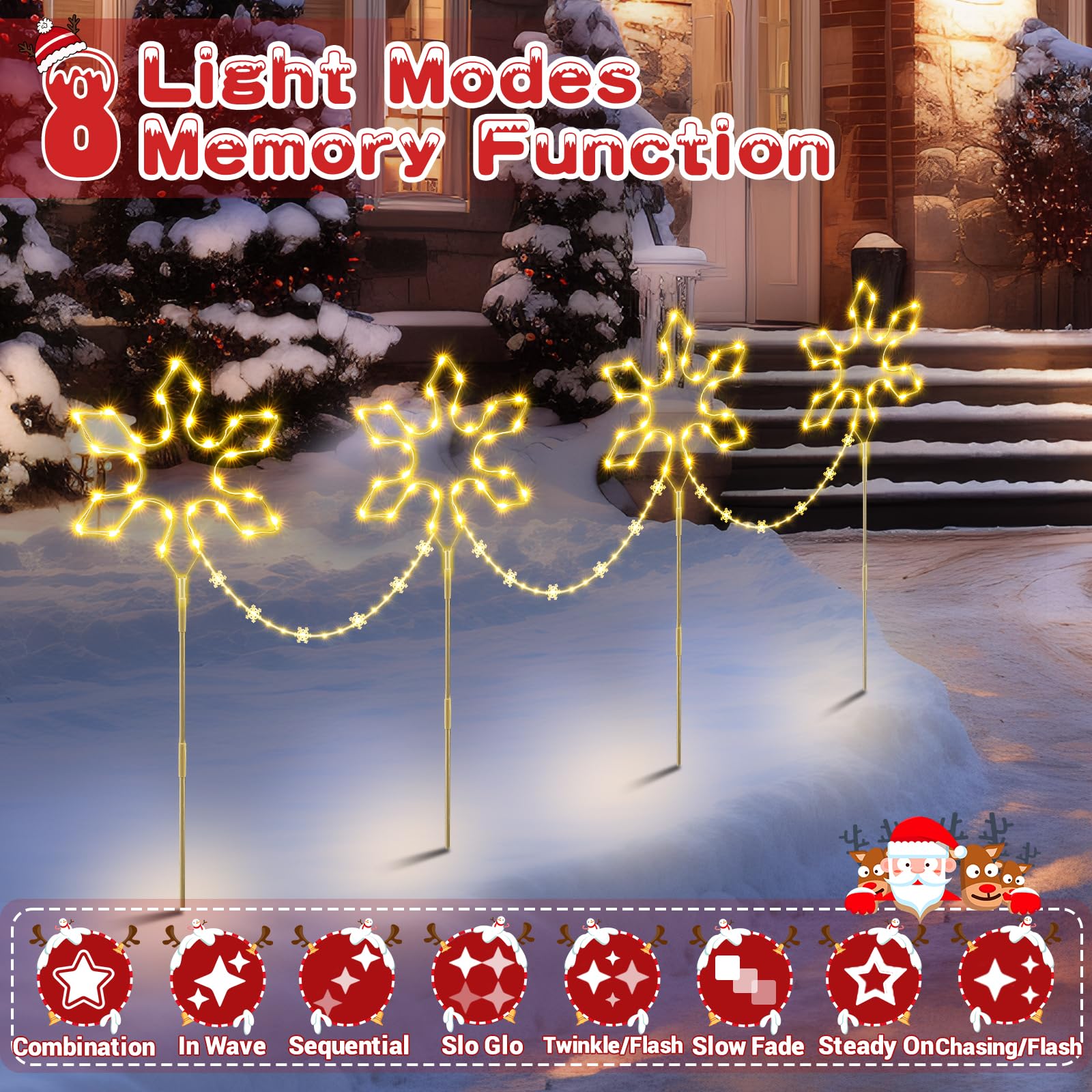 Quntis 176 LED Weihnachtsdeko Außen mit Erdspieß, 4 große Schneeflocken Gartendeko mit Timer, IP65 wasserdichte Weihnachtsbeleuchtung Outdoor Warmweiß, Strombetriebener Gartenstecker Hof Weg Balkon