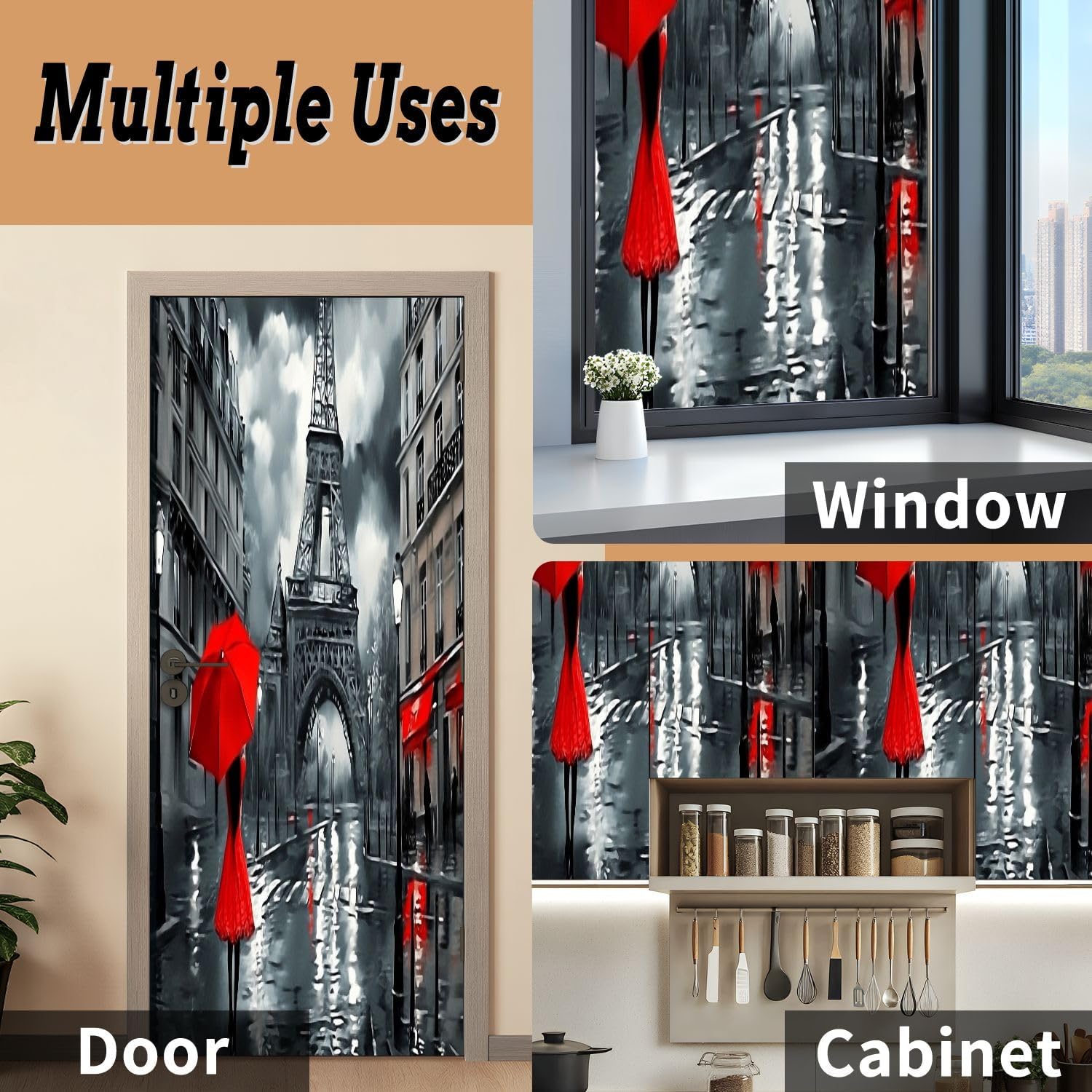Self Adhesive Vinyl Refrigerator Wrap Oil Black red Umbrella Rainy Night Paris Tower Collection Door Mural Sticker Peel and Stick Removable Door Cover Fridge Wrap Decal for Kitchen Decor