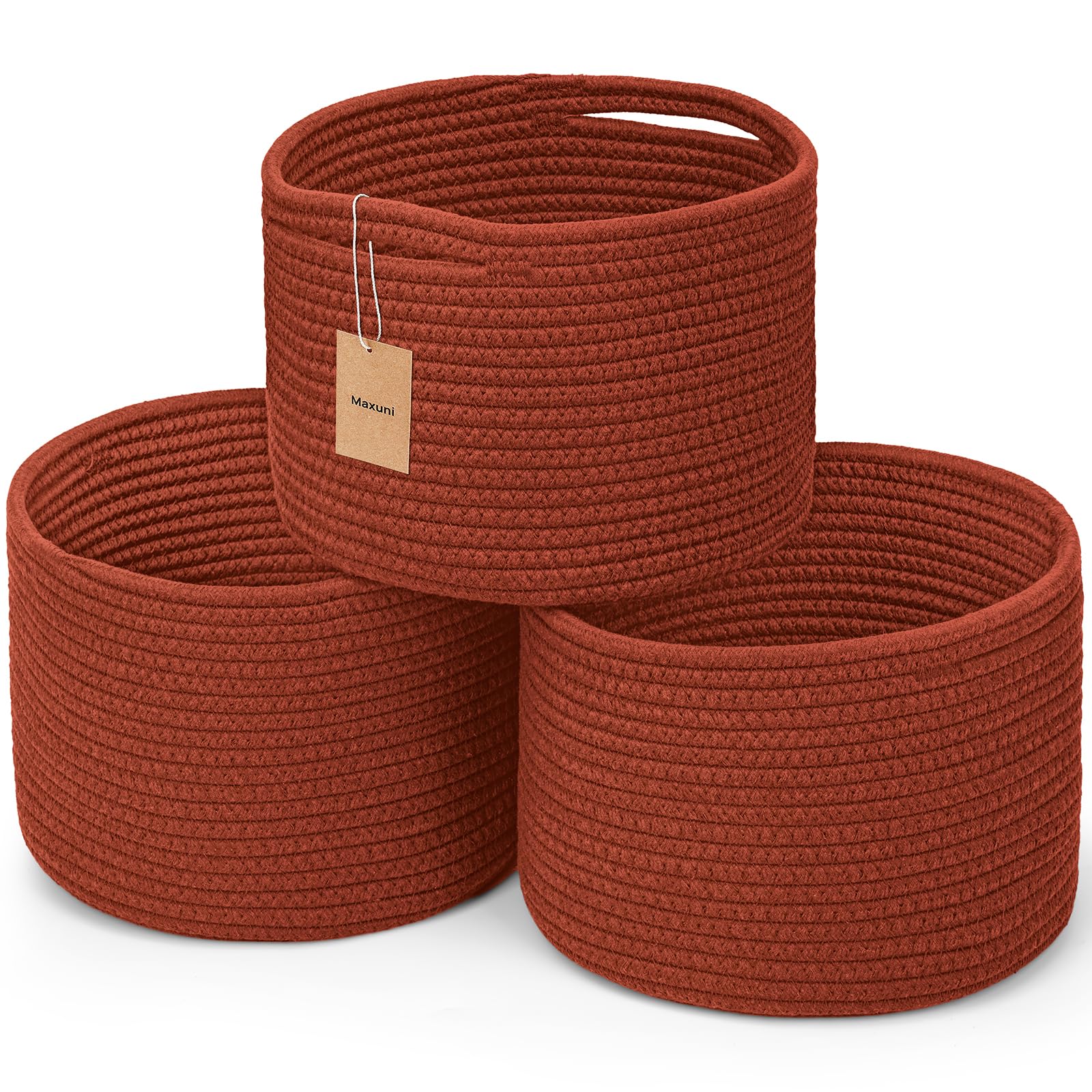 Small Rope Baskets for Storage, Baskets for Gifts Empty, Cute Round Woven Basket, Decorative Shelf Baskets 9.82×9.82×7.1", Cotton Toy Basket Storage Bins for Organizer 3 Packs-Brick Red