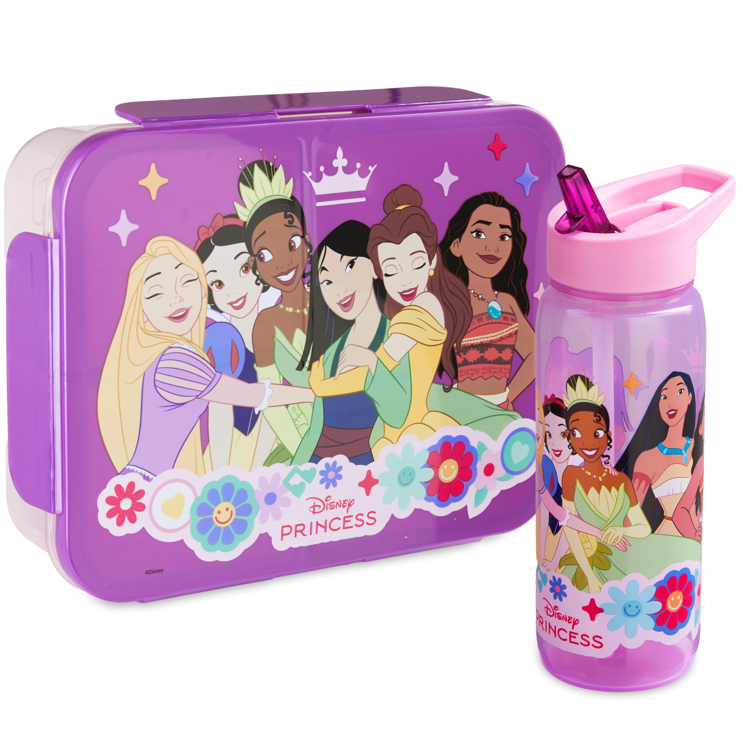 Get Trend Disney Princess Kids Bento Lunch Box and 640ml Water Bottle Set, BPA-Free Snack Lunch Box with Compartment Set for School, Travel & Picnics, Gifts for Girls (Pink/Purple Princess)