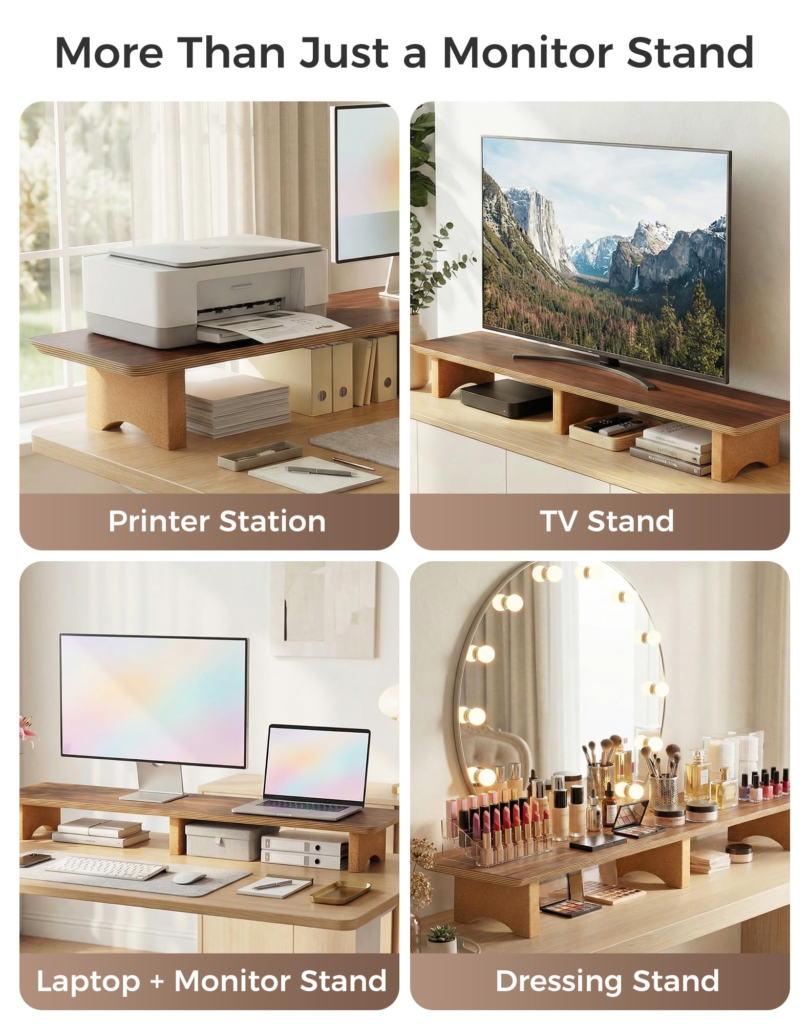Aothia grande supporto per doppio monitor, mensola da scrivania in legno massello con gambe in eco sughero per computer portatile/TV/PC/stampanti per accessori da ufficio (noce nero)