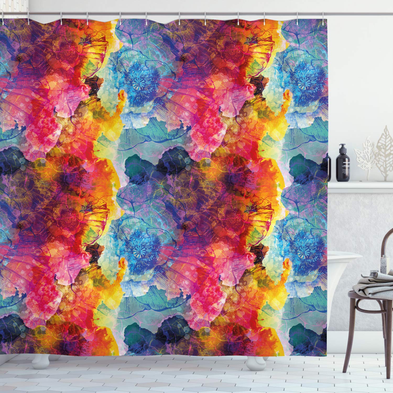 ABAKUHAUS Colorful Shower Curtain, Abstract Modern Art Expression Pattern Vector Illustration Design Artwork Print, Cloth Fabric Bathroom Decor Set with Hooks, 70 Inches, Multicolor โ image 1