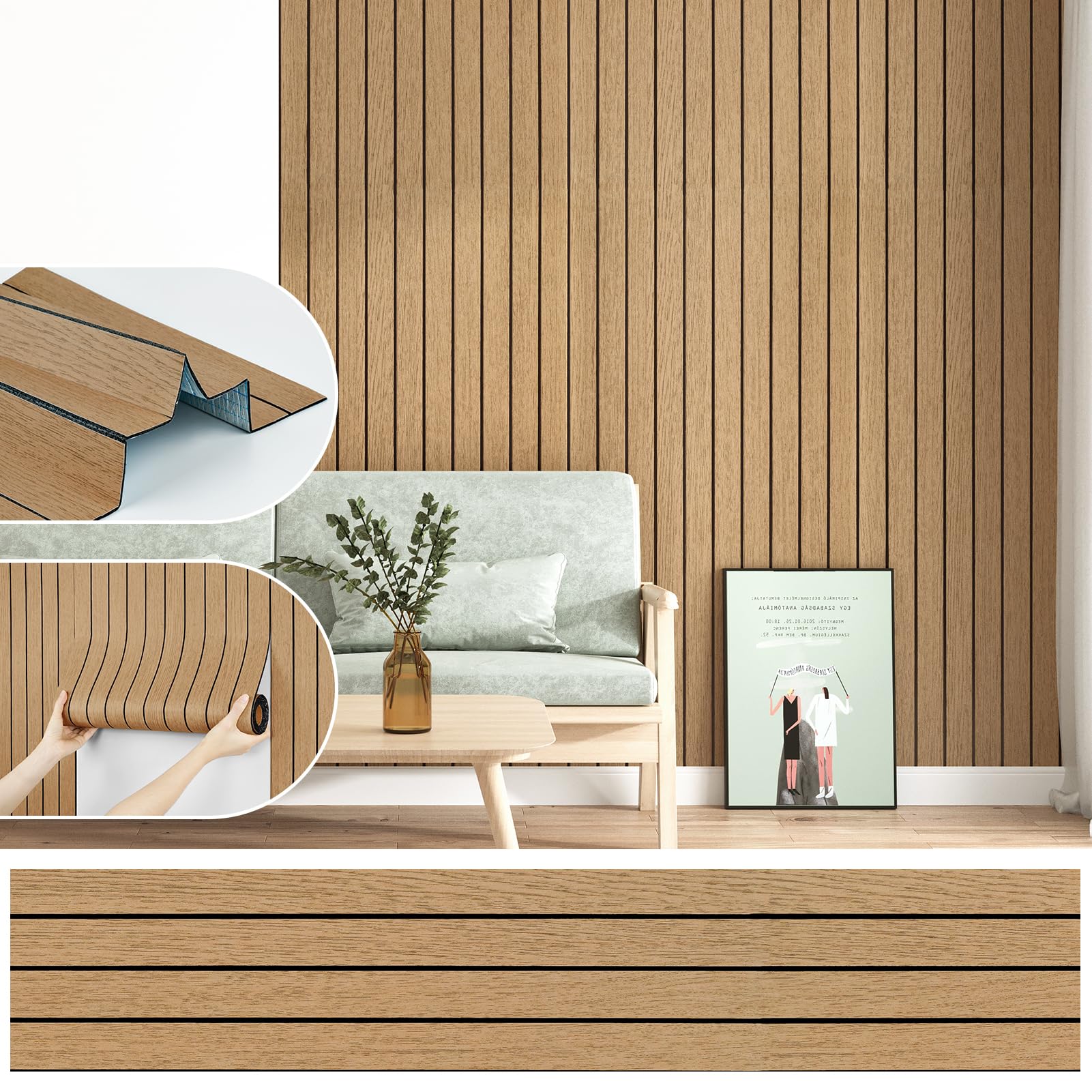 Panel de listones de madera marrón para pared, paneles de espuma