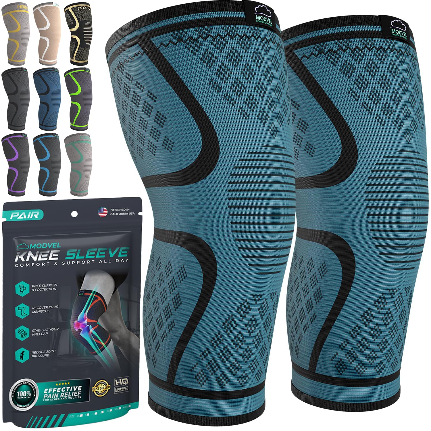 Modvel Compression Knee Brace for Women & Men - 2 Pack Knee Brace for Women Running Knee Pain, Knee Support Compression Sleeve, Workout Sports Knee