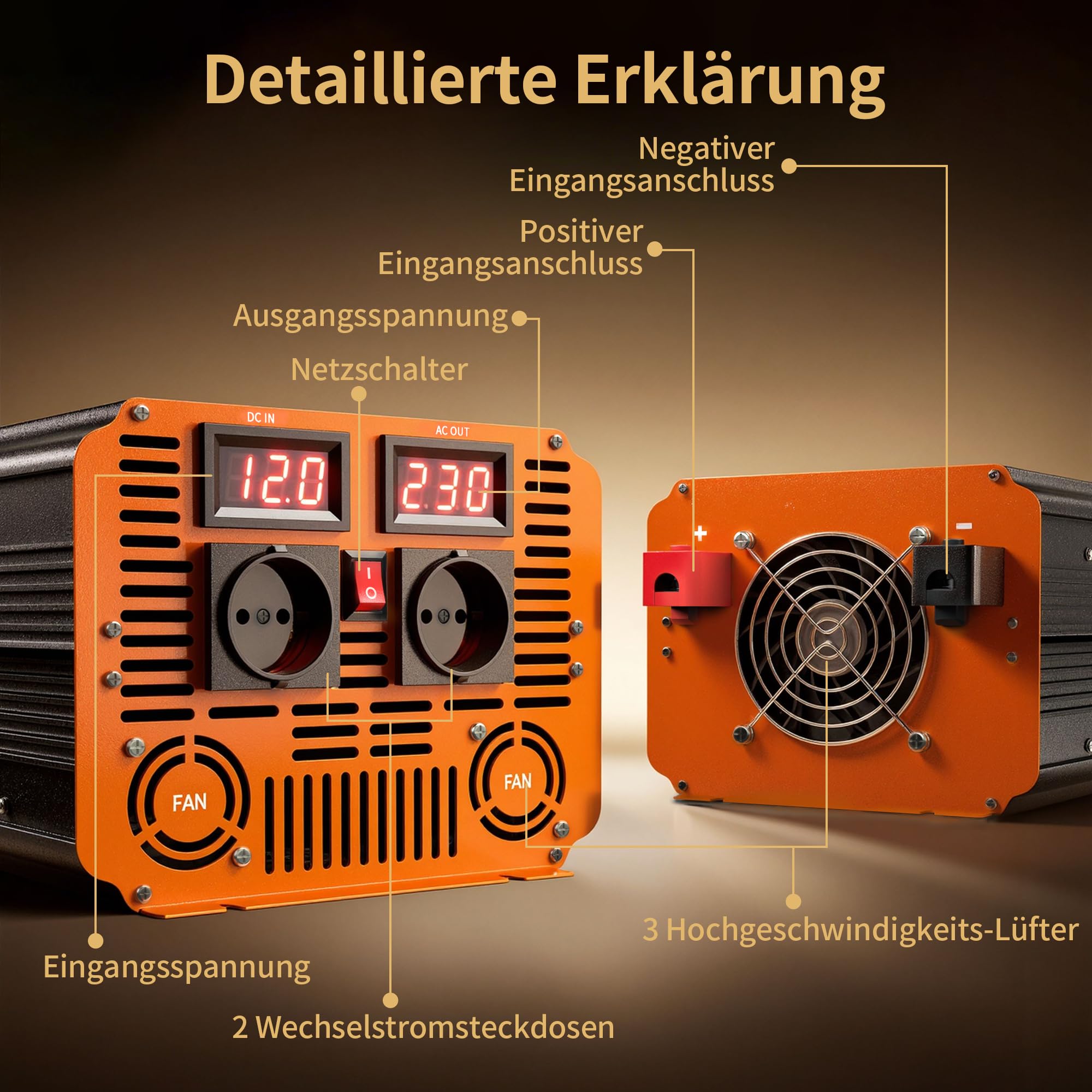 4000W Wechselrichter Reiner Sinus 12V auf 230V KFZ Spannungswandler mit LED AC Steckdosen, Solar Power Inverter für LKW, Haus, Fahrzeuge, Reise 8000W Peak KFZ Konverter
