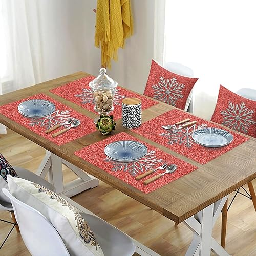 Miniatura 4 de Juego de 4 manteles individuales de Navidad, manteles individuales de PVC lavables, manteles individuales de vinilo tejido brillante para mesa de