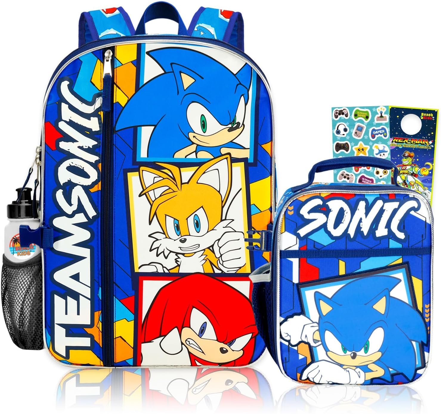 Sonic the Hedgehog Backpack with Lunch Bag Set - Bundle with 17" Backpack, Lunch Box, Water Bottle, Stickers, and More | Sonic School Bag with Lunchbox for Kids