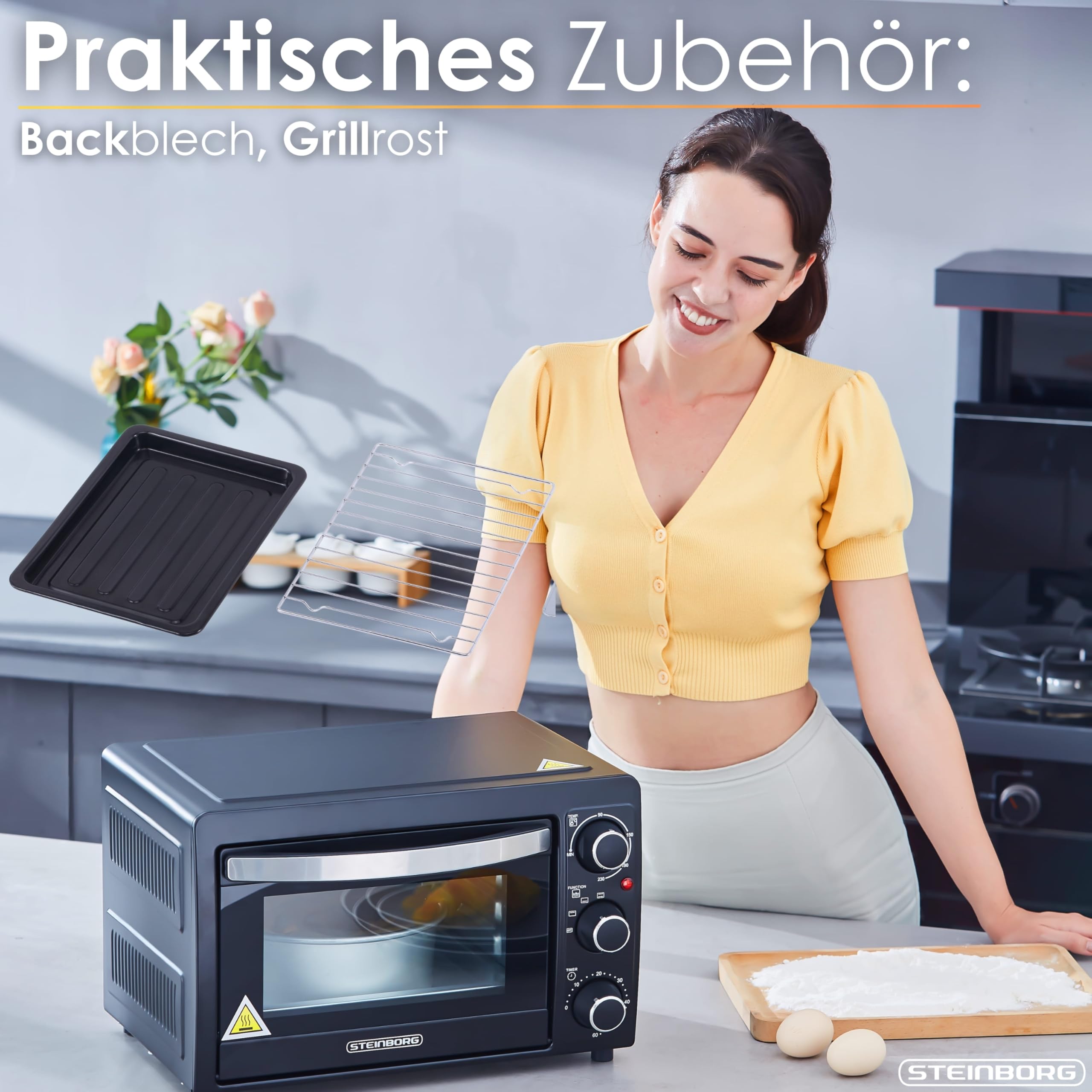 STEInBORG Mini Backofen 15 Liter Pizza-Ofen 3in1 Backofen Minibackofen Miniofen Krümelblech Ober-/Unterhitze Energiesparend 60 min.Timer