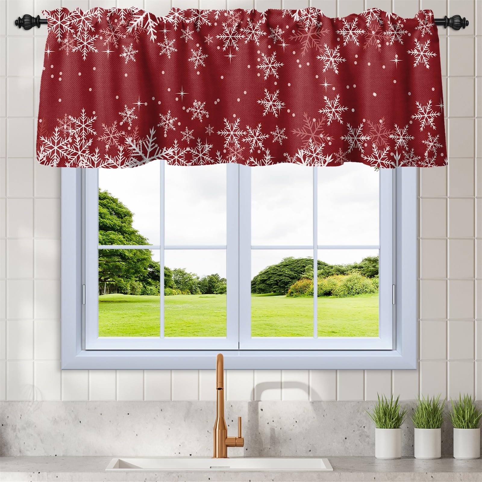 Cortinas de cocina de Navidad rojas de 52 x 18 pulgadas con copo de nieve
