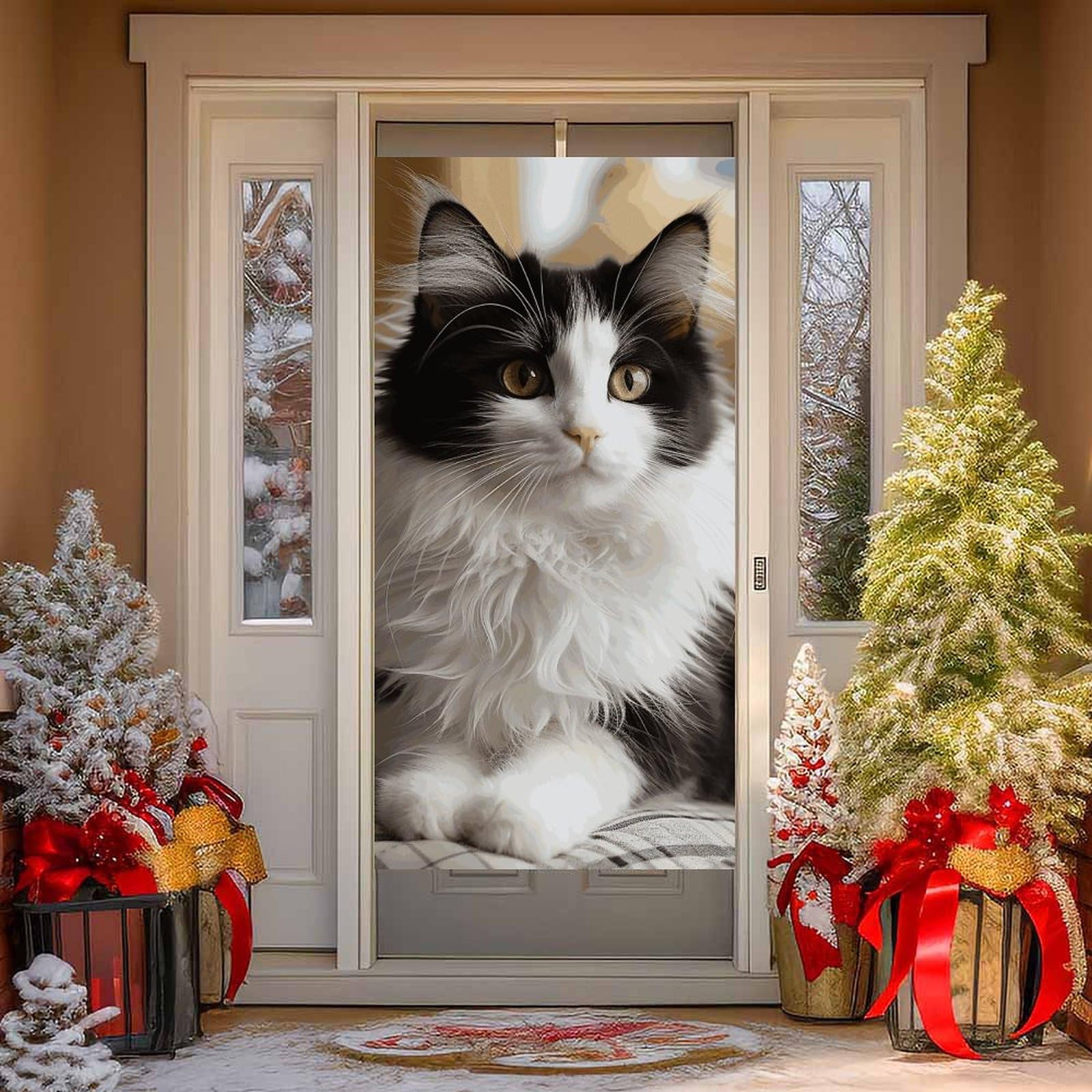 White And Black Kitten Sitting Door Curtains for Doorway Privacy Dividers Door Banner Blackout Curtains Fabric Door Window Curtain for Home Bedroom Kitchen Decor 35.4x70.9 in Decorative Banner